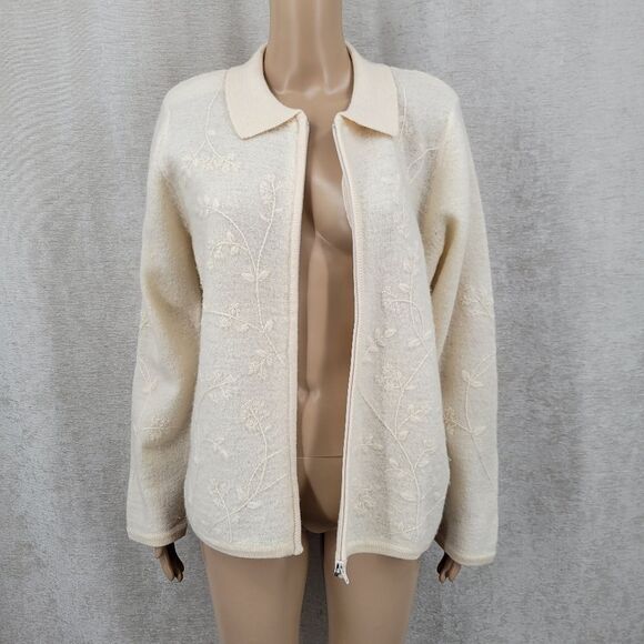 Dressbarn Wool Cream Floral Embroidered Zip-Up Sweater Cardigan Jacket - Picture 3 of 12